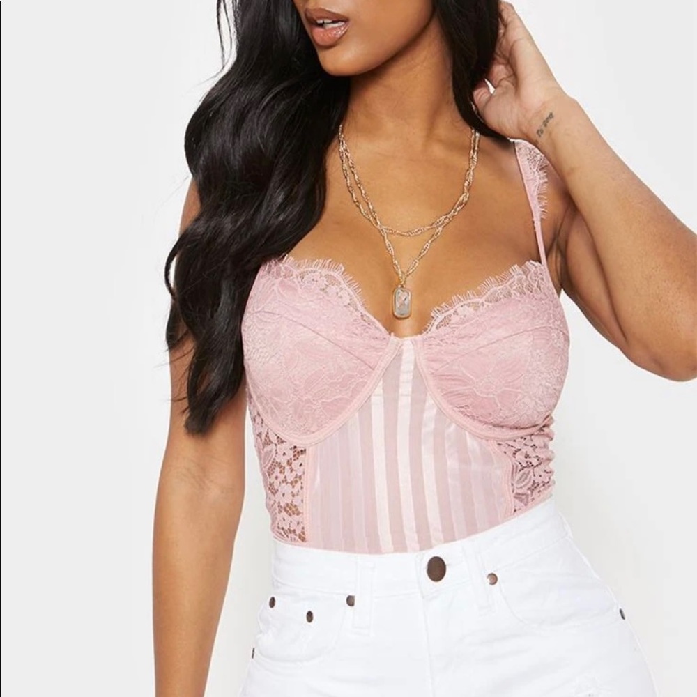 Pretty Little Thing Shape Dusty Pink Lace Mesh Stripe Bodysuit